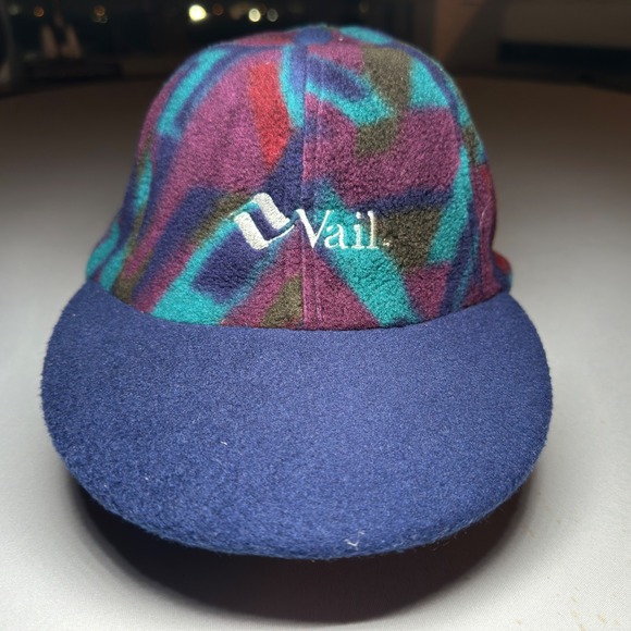 VTG 90s Vail Hat Fleece Strapback Purple Abstract Merkle Headgear Embroider Ski